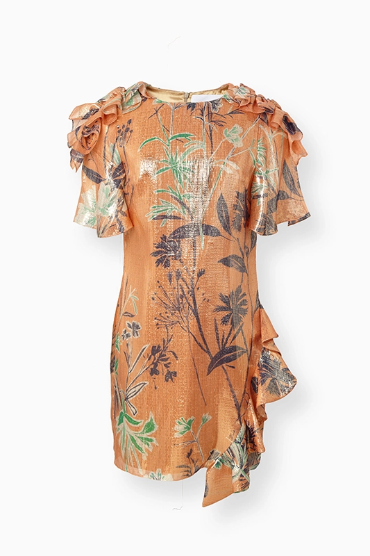 Maresme short dress made from silk orange fabric and hints of green